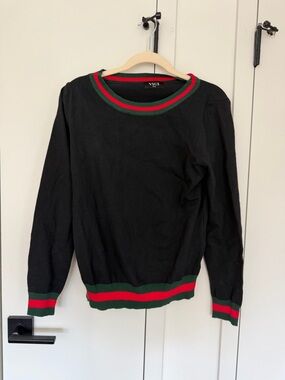 VICI Black Sweater with Red and Green Ribbed Trim